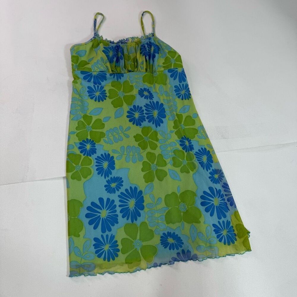VTG Xhilaration Dress Womens XL Blue Green Floral Y2K Sleevelesss Empire Waist